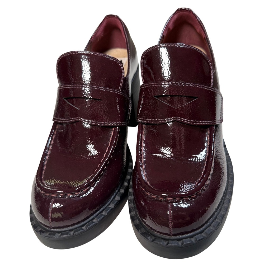SO Burgundy Patent Penny Loafers 9 Dark Chunky Block Heel Comfort Officecore - Picture 2 of 12